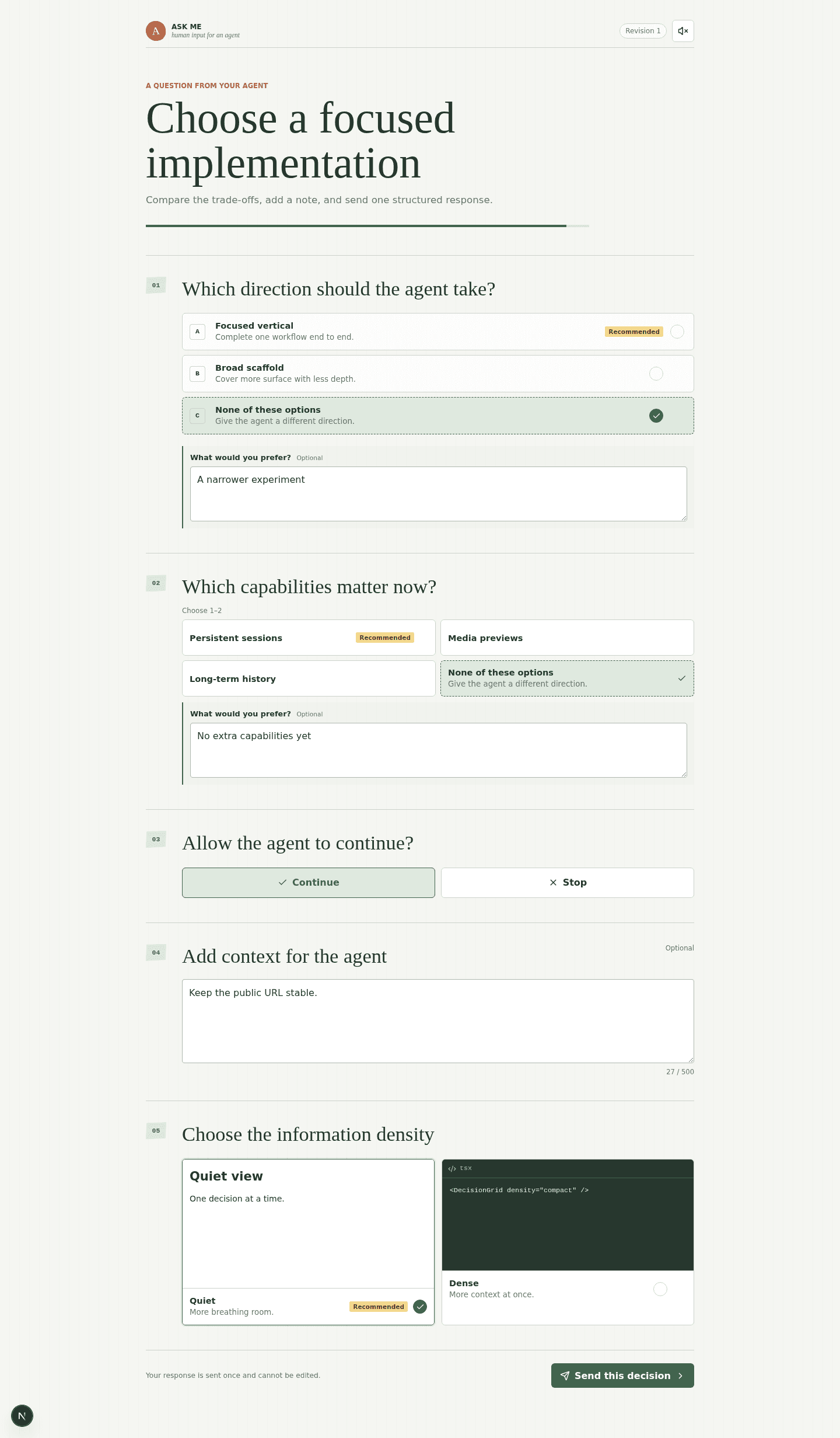 An Ask Me form showing structured choices and a free-text alternative